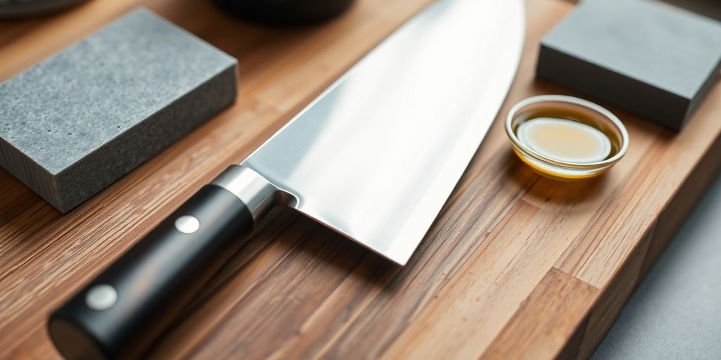 Japanese knife on a wooden board with sharpening tools.