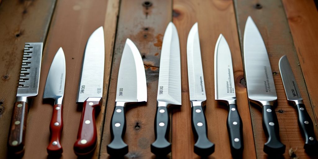 Various types of knives on a wooden surface.