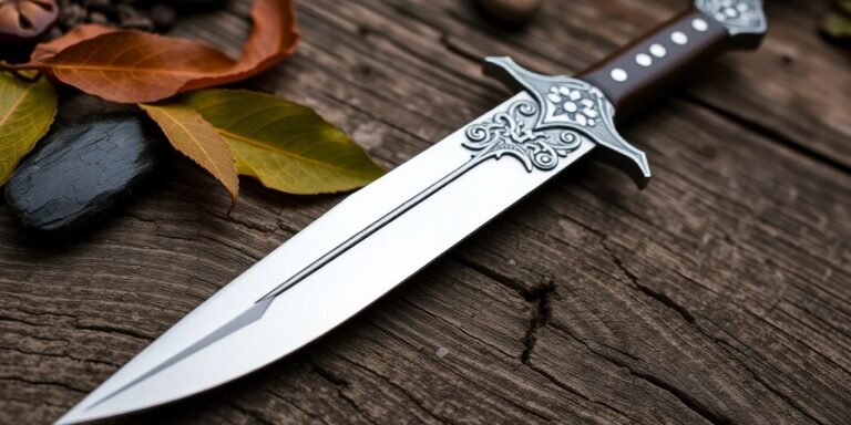 Close-up of an ornate hunting dagger on wood.