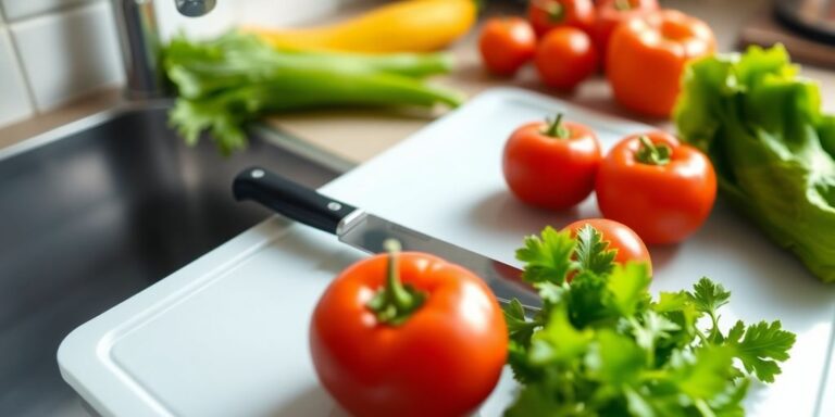 Clean plastic cutting board with vegetables and knife.