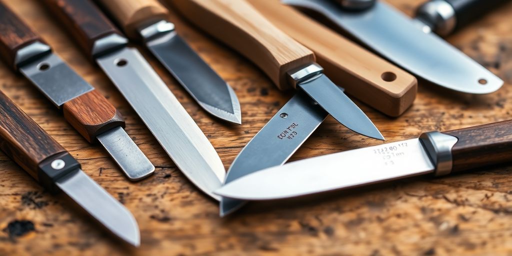 Various wood carving knives on a wooden surface.