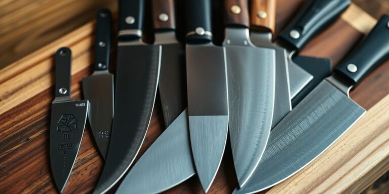 Various butchering knives on a wooden cutting board.