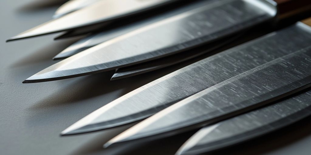 Close-up of laminated knife blades with sharp edges.