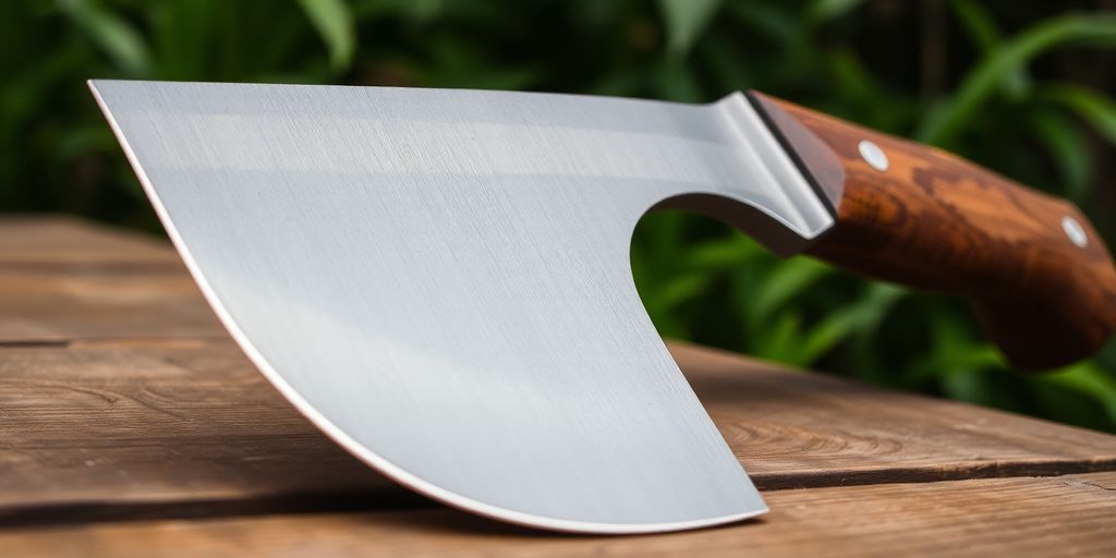 Close-up of a traditional machete knife on wood.