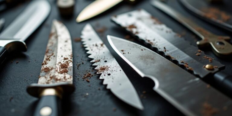 Various knife blades with different shapes and finishes.