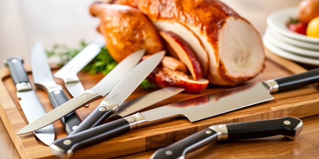 Set of turkey carving knives on a cutting board.