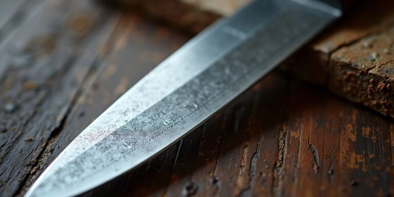 Close-up of a carbon steel knife blade.