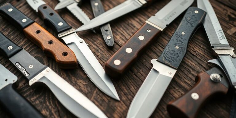 Collection of survival knives on a wooden table.