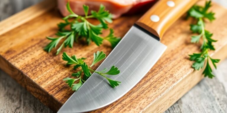 Close-up of a deboning knife on a cutting board.