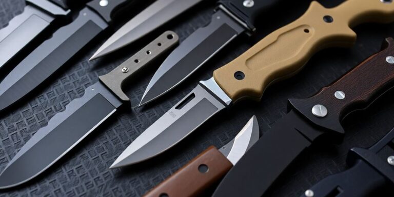 Various combat knives displayed on a dark surface.