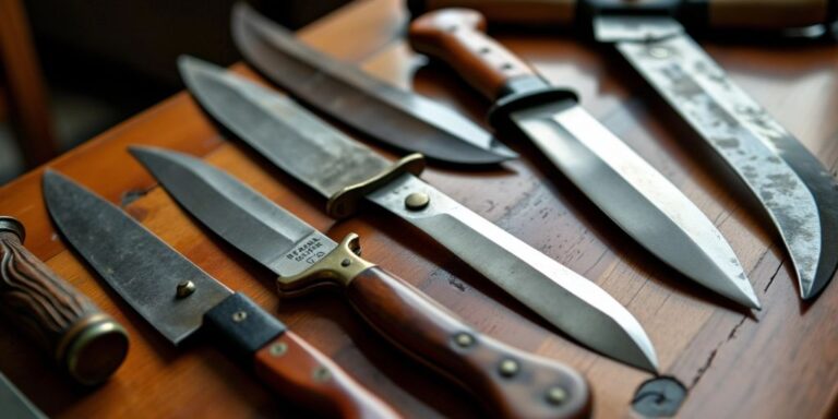 Various historical knives on a wooden table.