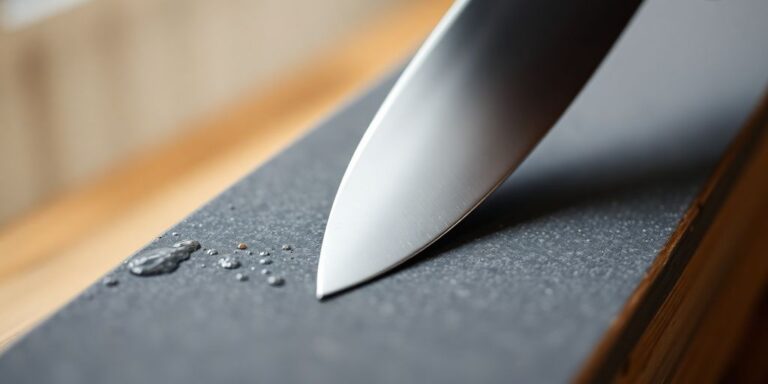 Knife sharpening on a whetstone with soft lighting.