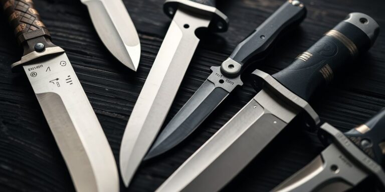 A collection of fighting knives on a wooden surface.