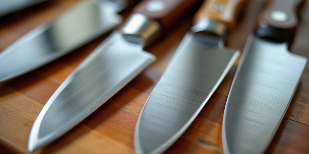 Close-up of sharp ceramic knife blades on a cutting board.