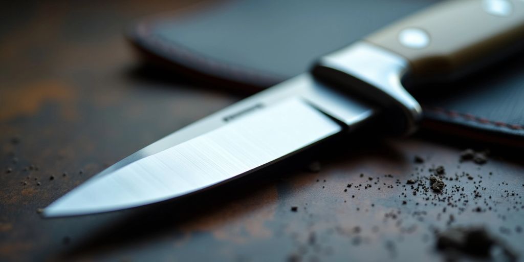 Close-up of a titanium steel knife blade.