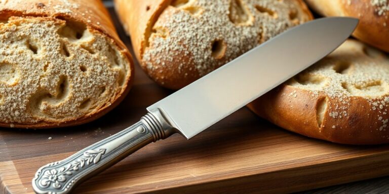 Vintage bread knife on a wooden cutting board with bread.