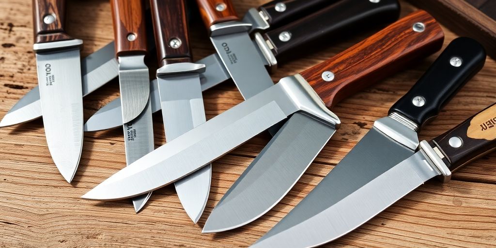 Collection of hunting knives on a wooden table.