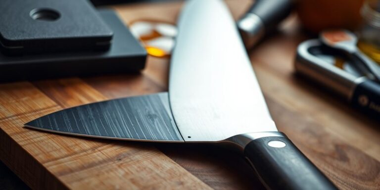 Close-up of a knife and sharpening tools.