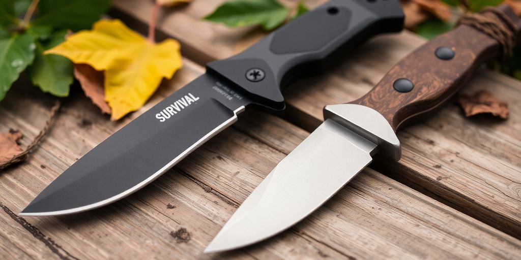 Survival knife and hunting knife on a wooden surface.