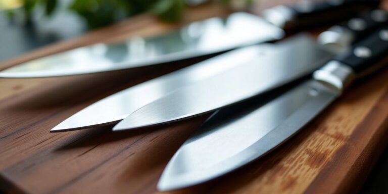 Close-up of high carbon stainless steel knife blades.