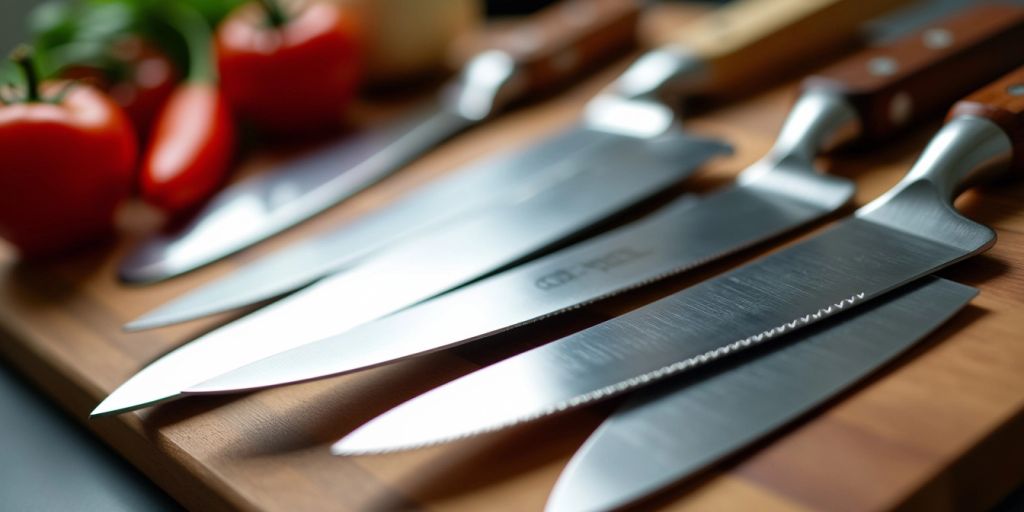 Close-up of shiny stainless steel knife blades.