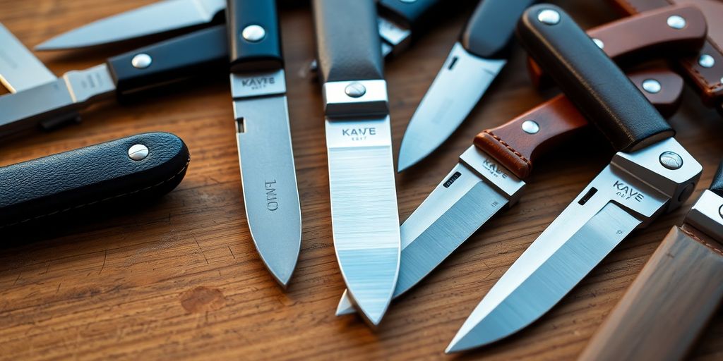 Various leatherworking knives on a wooden surface.