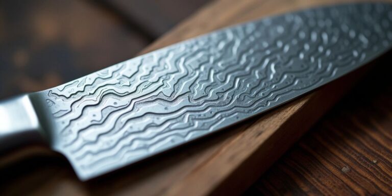 Close-up of a Damascus steel knife blade.