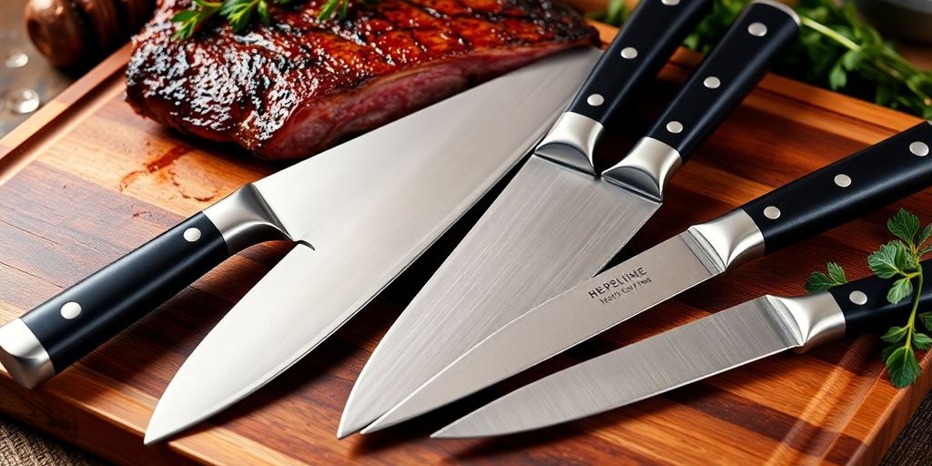 High-quality carving knives on a wooden cutting board.