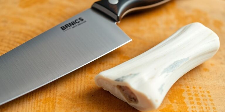 Sharp knife and bone on a wooden cutting board.