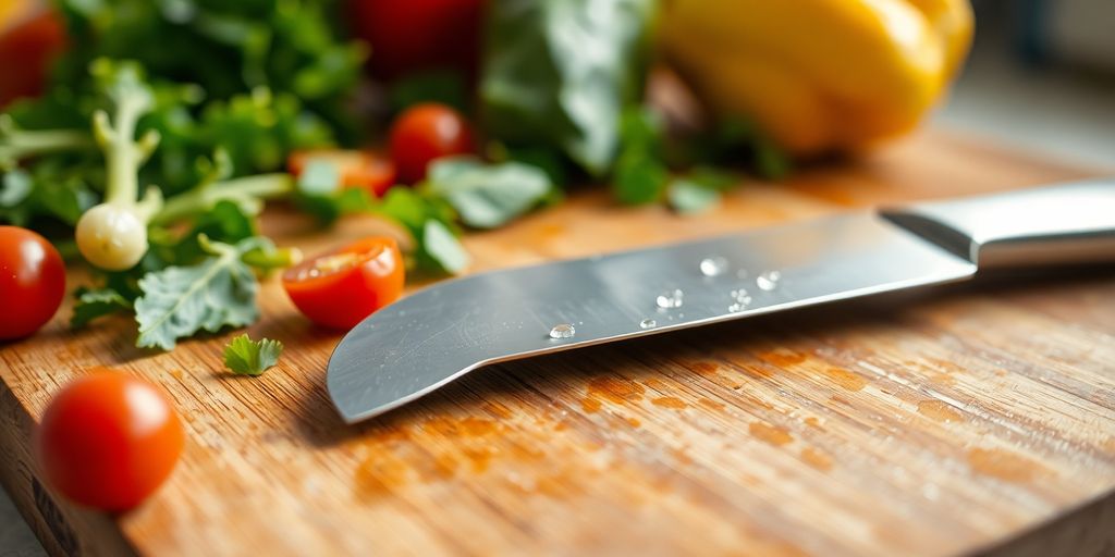 Knife on cutting board with vegetables around.