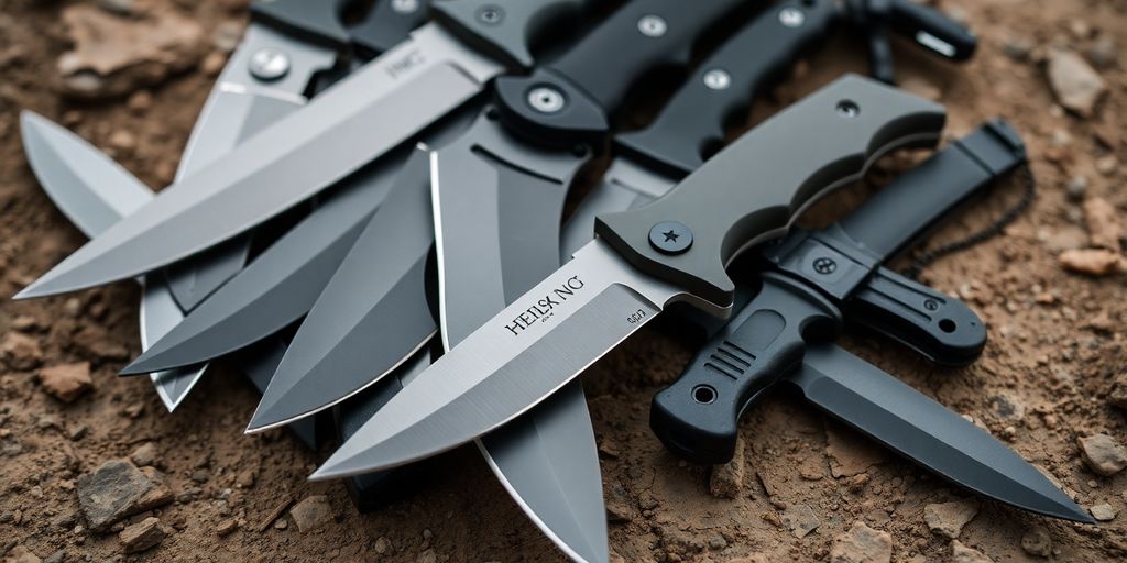 Collection of military knives on a textured surface.