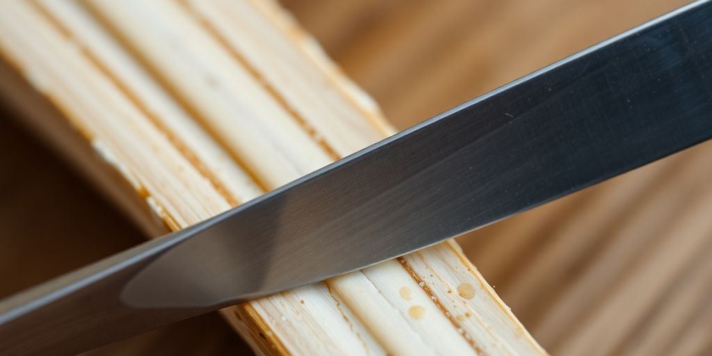 Knife cutting through bone with precision and detail.