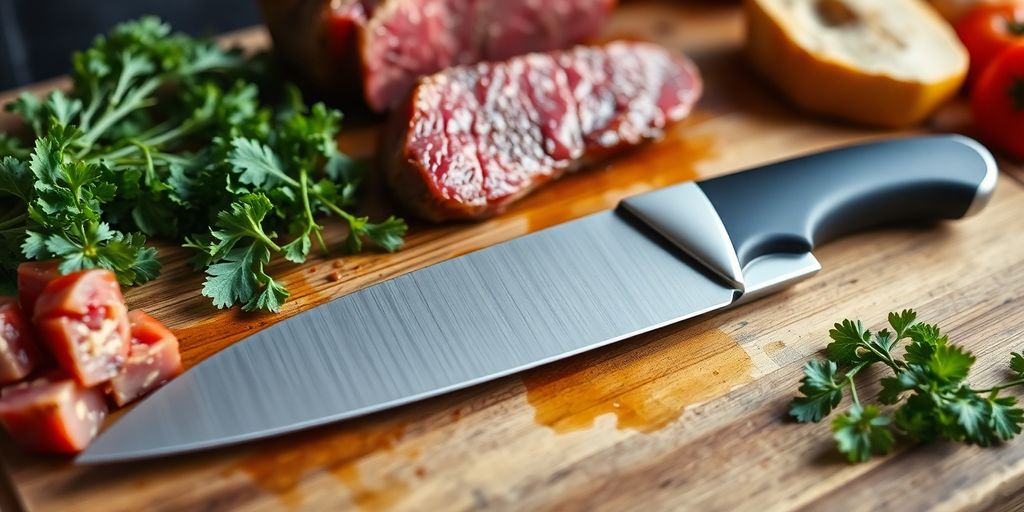 Electric bone cutting knife on a wooden cutting board.