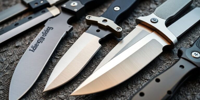 Various combat knives on a textured surface.