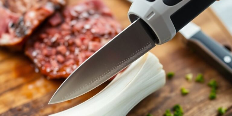 Electric knife cutting through a bone on a cutting board.