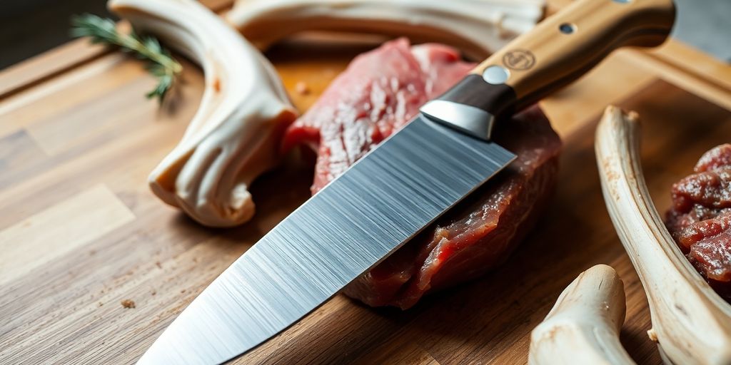 Close-up of a bone knife on a cutting board.